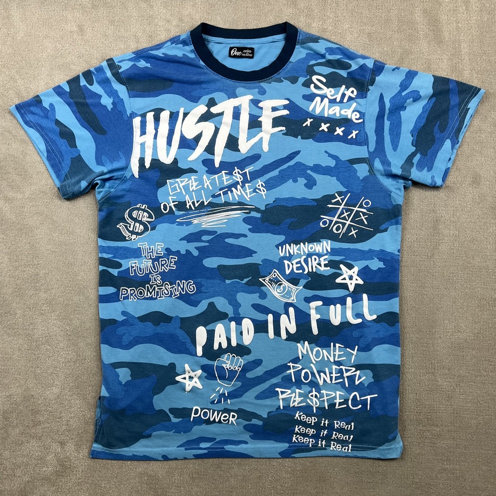 One Nation Hustle Graphic T-Shirt Large Mens Blue Camo Streetwear Paid In Full